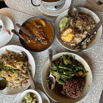 Thai Maison - Massaman Lamb Curry, roti on side; Maison Fried Rice; Crab Meat Fried Rice; Kanah Moo Krob; Tom Yum Soup; Thai Coffee w/ Coconut Cream. - Thai Near Me - Bellingham, Washington