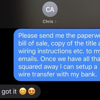 Bentley Gold Coast - Text after verbal confirmation of transaction over the phone. what's up with the heart eye emojis? Keep it professional buddy - Car Dealers Near Me - Chicago, Illinois
