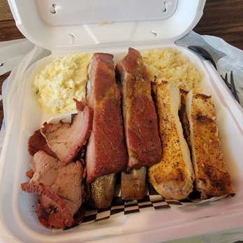 Off The Grill - 3 meat combo tri tip, chicken, ribs. 2 sides pilaf/potatoe salad. Incredible! - Burgers Near Me - Sanger, California
