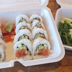 Asahi Hibachi And Sushi - Left to right eel roll, spicy tuna, and seaweed salad