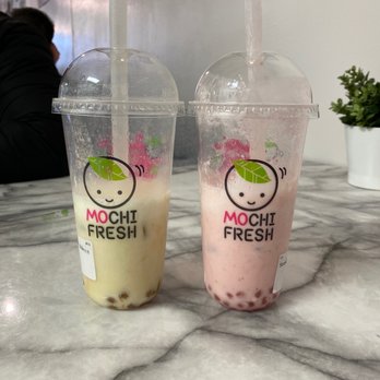Mochi Fresh - Banana Bubble Milk  with Egg Pudding and Brown Sugar Boba, Strawberry Bubble Milk with Strawberry Boba - Desserts Near Me - Tempe, Arizona