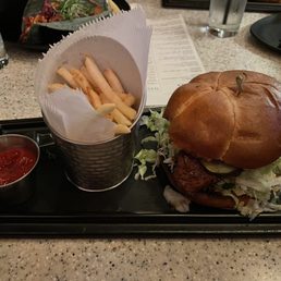 Spicy chicken burger with fries!