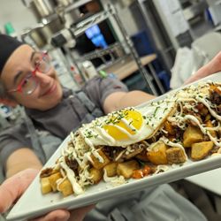 Chez Angela Bakery and Café - Our cheese steak breakfast bowl, a staff favorite. Local eggs, in-house roasted beef, peppers, onions,
local cheese + hand cut potatoes