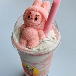 Boba by the Sea - Strawberry Cloud Series with boba and a LABUBU topping