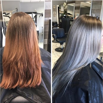 Salon Bella - My before and after with Vi! Looks amazing! Look how much healthier it looks after. - Hair Salons Near Me - Bellevue, Washington