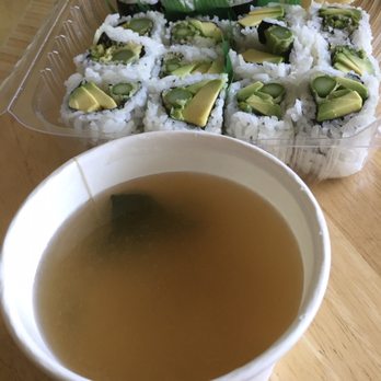 Hanamaru - Front to back: House made Miso Soup, Asparacado roll, and Avocado roll - Japanese Near Me - Sunnyvale, California Hanamaru - Front to back: House made Miso Soup, Asparacado roll, and Avocado roll - Japanese Near Me - Sunnyvale, California