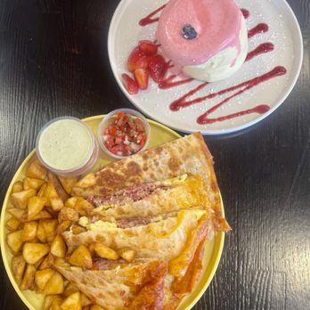 Burnt Crumbs - Breakfast Quesadilla and Strawberry Soufflé pancakes - New American Near Me - Irvine, California