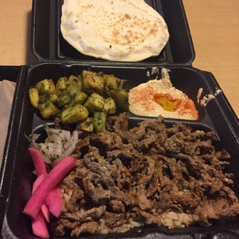 Fufu's Mid East Grill - Beef Shawarma Plate with Hummus and Battata Harra ($11.85) - Mediterranean Near Me - Riverside, California