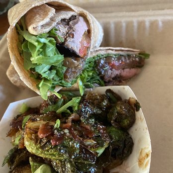 Riverside Taphouse - Bistro steak sandwich (as a wrap) and Brussels sprouts - American Near Me - Baltimore, Maryland Riverside Taphouse - Bistro steak sandwich (as a wrap) and Brussels sprouts - American Near Me - Baltimore, Maryland