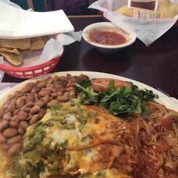 Richard's Mexican Restaurant - Chicken enchiladas, 'Christmas ', beans on the left, fideo on the right - New Mexican Cuisine Near Me - Albuquerque, New Mexico