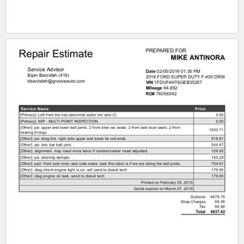 Groove Ford - Original quote for ball joints, and the "oil leak" that was only the oil plug which they replaced, - Car Dealers Near Me - Centennial, Colorado Groove Ford - Original quote for ball joints, and the "oil leak" that was only the oil plug which they replaced, - Car Dealers Near Me - Centennial, Colorado
