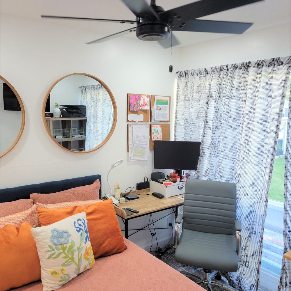 Bedroom after fan installed. Completes the room and there is more airflow. Bedroom after fan installed. Completes the room and there is more airflow.