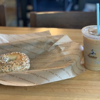 Einstein Bros. Bagels - Iced vanilla latte and toasted everything bagel with honey butter - Breakfast & Brunch Near Me - Tucker, Georgia Einstein Bros. Bagels - Iced vanilla latte and toasted everything bagel with honey butter - Breakfast & Brunch Near Me - Tucker, Georgia