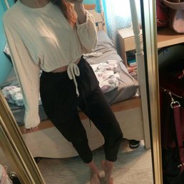 Joy knit sweatshirt Beige in Medium, styled with the Juliette High Waisted Pants in Large. My favorite!