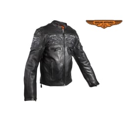 Dealer Leather Wholesale - MJ825-11 Top grade naked cowhide leather Two Concealed carry pockets inside with button-snaps Unique reflective skulls and reflective piping