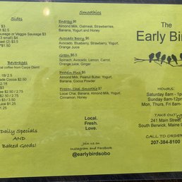 Menu for Early Bird as of 7-2021