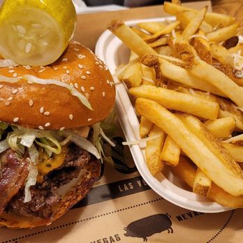 Lardo - Double Burger and fries. Fries were seasoned with parmesean and chopped oregano(?) - Sandwiches Near Me - Las Vegas, Nevada