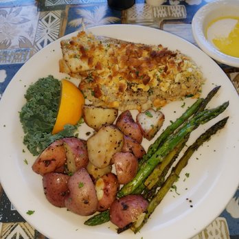 Doc's Seafood & Steaks - Crab Stuffed Flounder with Lemon Butter Sauce, New Red Potatoes and Asparagus - Seafood Near Me - Corpus Christi, Texas