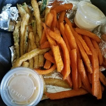 Moxie Burger - 50/50 combo with zucchini fries and sweet potato fries - Salad Near Me - Marietta, Georgia Moxie Burger - 50/50 combo with zucchini fries and sweet potato fries - Salad Near Me - Marietta, Georgia