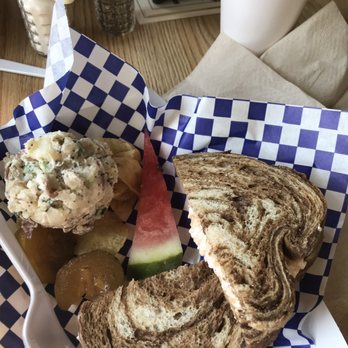 Sweet Pickle Deli - Pimento cheese on rye with potato's salad and sweet pickles. - Delis Near Me - Lampasas, Texas Sweet Pickle Deli - Pimento cheese on rye with potato's salad and sweet pickles. - Delis Near Me - Lampasas, Texas