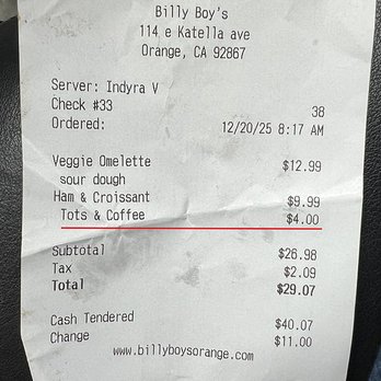 Billy Boy's - Receipt - Breakfast & Brunch Near Me - Orange, California