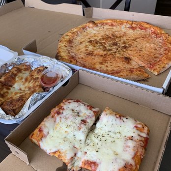 Amici Pizza - 2 Sicilian Pizza Slices with extra cheese, Garlic Bread Sicilian Style, and New York Style Cheese Pizza - Pizza Near Me - Mesa, Arizona Amici Pizza - 2 Sicilian Pizza Slices with extra cheese, Garlic Bread Sicilian Style, and New York Style Cheese Pizza - Pizza Near Me - Mesa, Arizona