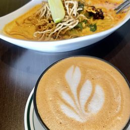 Khao soi and Thai tea latte with a shot of espresso
