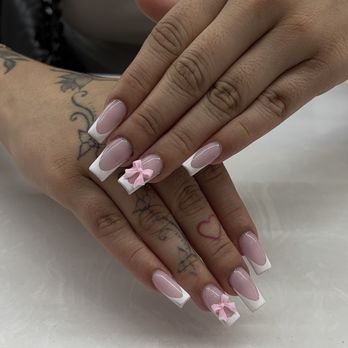 JC Nails - Classic White French with charm - Nail Salons Near Me - Houston, Texas