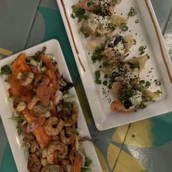 Kaya Island Eats - House salad with shrimp  Tuna poke nachos - Caribbean Near Me - Key West, Florida