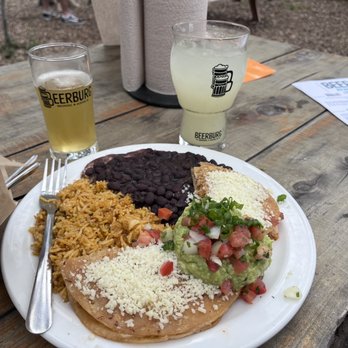 Beerburg Brewing - Chicken tinga enchiladas, Sophia's Lager, Pineapple Agua Fresca - Breweries Near Me - Austin, Texas