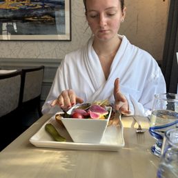 Lunch in a spa robe Lunch in a spa robe