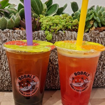 Bobaly - Passion fruit black tea with boba + strawberry green tea with strawberry jelly - Bubble Tea Near Me - Fair Lawn, New Jersey