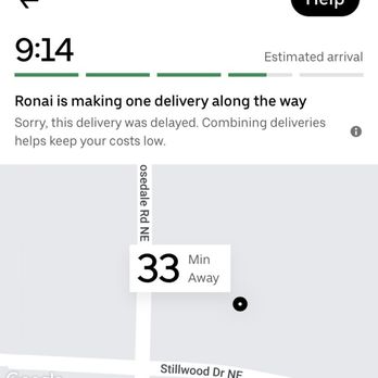 Uber - Expected delivery of food 8:40 PM. Pick up 9:14 PM and 33 minutes expected until arrival. - Taxis Near Me