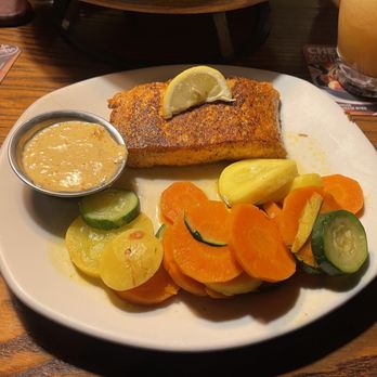 Outback Steakhouse - Perfectly Grilled Salmon with Fresh Steamed Seasonal Veggies - Steakhouses Near Me - Clarksville, Indiana Outback Steakhouse - Perfectly Grilled Salmon with Fresh Steamed Seasonal Veggies - Steakhouses Near Me - Clarksville, Indiana