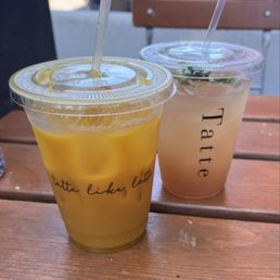 Summer flavors of their tea coolers- peach mint on the right, mango ginger on the left