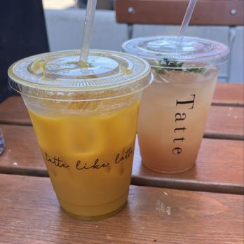 Tatte Bakery & Cafe | Harvard Square - Summer flavors of their tea coolers- peach mint on the right, mango ginger on the left - Coffee & Tea Near Me - Cambridge, Massachusetts