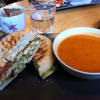 Hula Juice Cafe - Pesto chicken and sun dried tomatoes on a bagel plus zesty tomato soup. - Juice Bars & Smoothies Near Me - Edinburgh, EDH Hula Juice Cafe - Pesto chicken and sun dried tomatoes on a bagel plus zesty tomato soup. - Juice Bars & Smoothies Near Me - Edinburgh, EDH