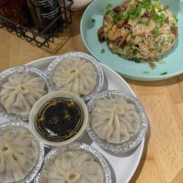 Soup dumplings and Chinese sausage and rice