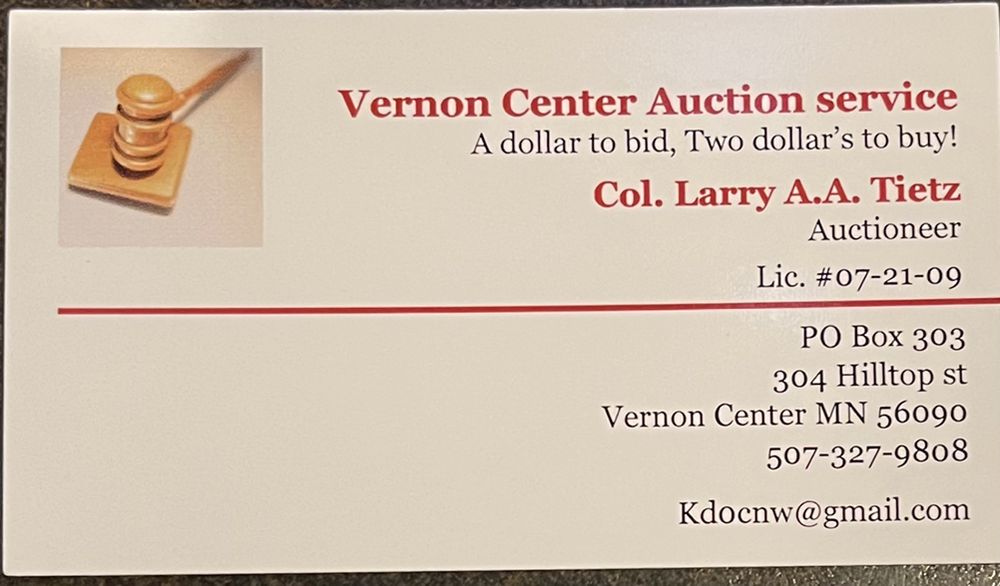 VERNON CENTER AUCTION SERVICE Vernon Center, Minnesota Auction