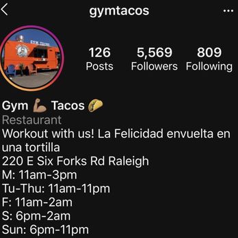 Gym Tacos - Instagram page and current location & hours. - Mexican Near Me - Raleigh, North Carolina Gym Tacos - Instagram page and current location & hours. - Mexican Near Me - Raleigh, North Carolina