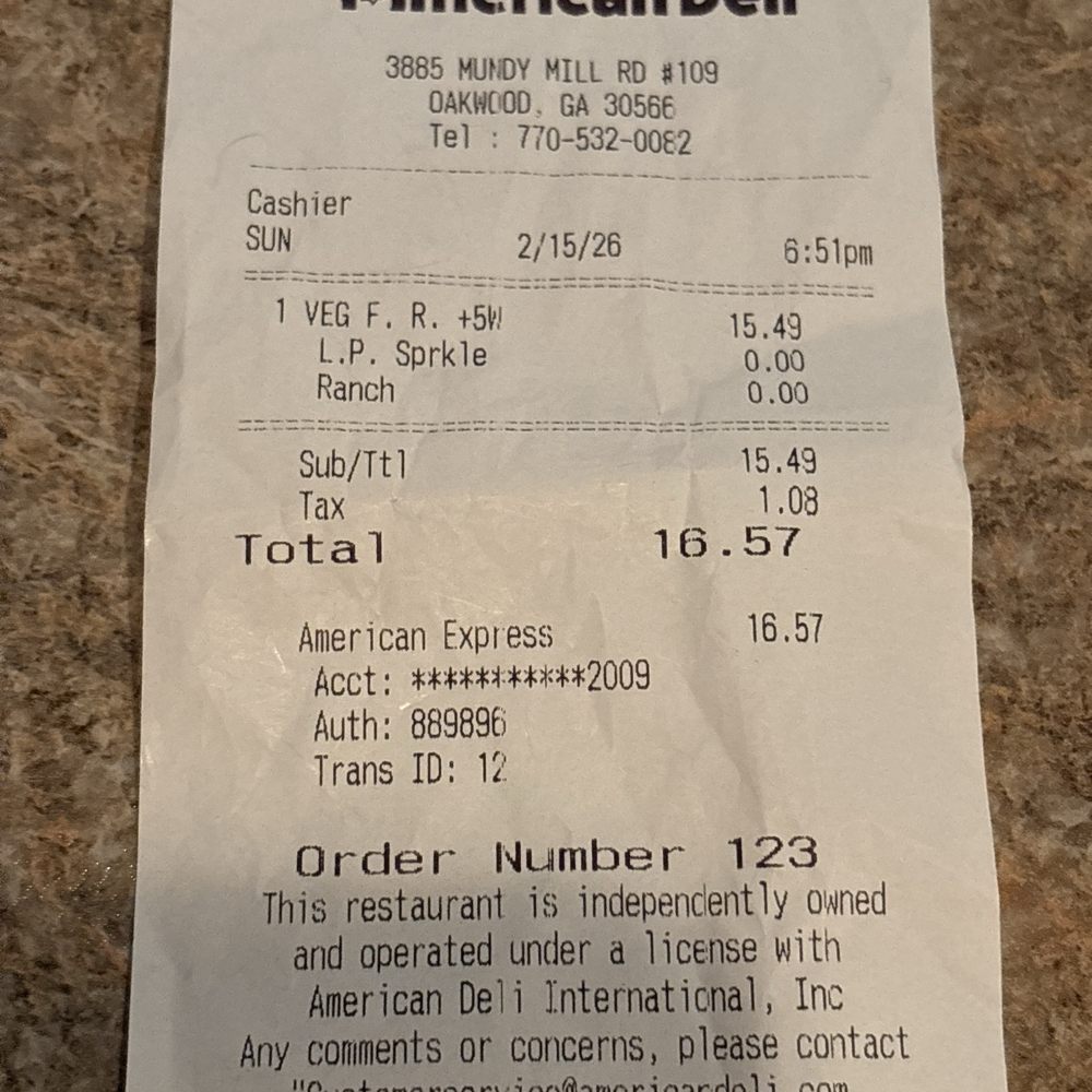 American Deli - Receipt - American Near Me - Oakwood, Georgia American Deli - Receipt - American Near Me - Oakwood, Georgia
