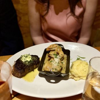 Fahrenheit 132 - Surf and Turf Platters - "Baseball" Center-Cut Sirloin and shrimp scampi and mashed potatoes - Steakhouses Near Me - Fredericksburg, Virginia