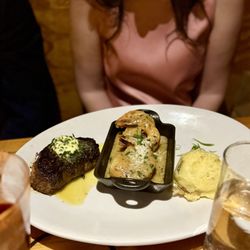 Surf and Turf Platters - "Baseball" Center-Cut Sirloin and shrimp scampi and mashed potatoes