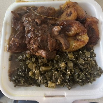Jamaica Wings Dulett's Kitchen - Brown Stew Chicken w/ Kale & Collard Greens and Fried Plantains - Caribbean Near Me - Upper Darby, Pennsylvania Jamaica Wings Dulett's Kitchen - Brown Stew Chicken w/ Kale & Collard Greens and Fried Plantains - Caribbean Near Me - Upper Darby, Pennsylvania