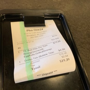 Pho One24 - a receipt on a tray - Vietnamese Near Me - Brookfield, Wisconsin