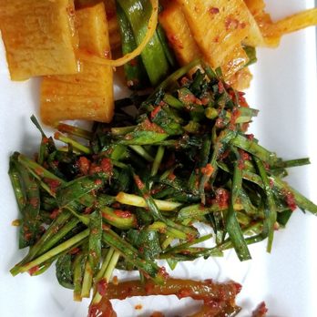 Heartfulmade - She gave me some banchan on the house: fishcake stir fry, buchoo kimchi, savory garlic stems - Korean Near Me - Fullerton, California Heartfulmade - She gave me some banchan on the house: fishcake stir fry, buchoo kimchi, savory garlic stems - Korean Near Me - Fullerton, California