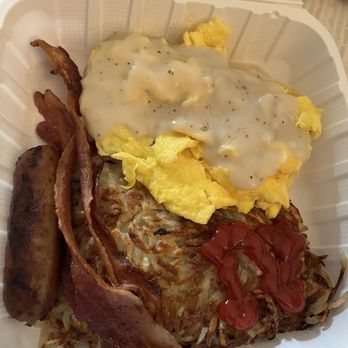 Friends Cafe - This is the biscuits and gravy with sausage and biscuits, scrambled eggs, gravy, hashbrowns - Breakfast & Brunch Near Me - Tustin, California