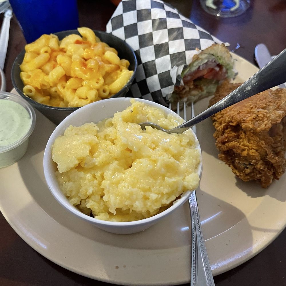 Mac & Cheese, the other half of my Fried Snapper Sandwich, Fried Chicken Thigh, Grits, and more sauce for the sandwich.