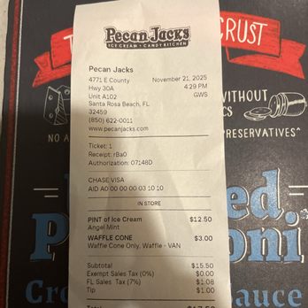 Pecan Jacks - Receipt - Ice Cream & Frozen Yogurt Near Me - Sea Grove Beach, Florida Pecan Jacks - Receipt - Ice Cream & Frozen Yogurt Near Me - Sea Grove Beach, Florida