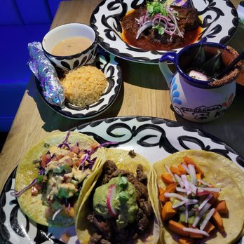 Kalaveras - The Barbacoa dinner with 3 delicious tacos. Left to right: pescado (fish), asada (steak), and comote (sweet potato). - Bars Near Me - Moreno Valley, California